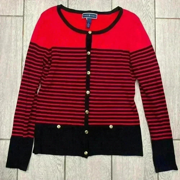 Karen Scott Sweaters - Karen Scott Red and Black Resort Stripped Sweater Size Small
